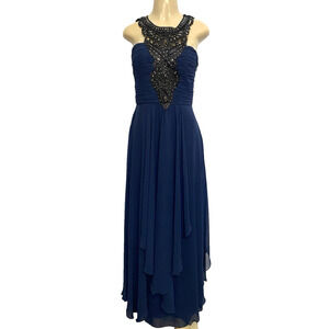 Sue Wong Nocturne Dress Maxi A Line Chiffon Sleeveless Layered Bead Navy 4 S